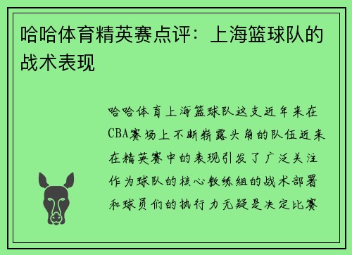 哈哈体育精英赛点评：上海篮球队的战术表现