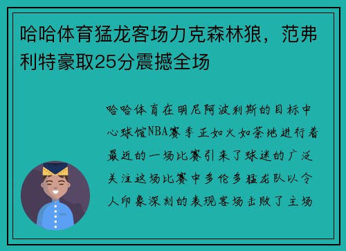 哈哈体育猛龙客场力克森林狼，范弗利特豪取25分震撼全场