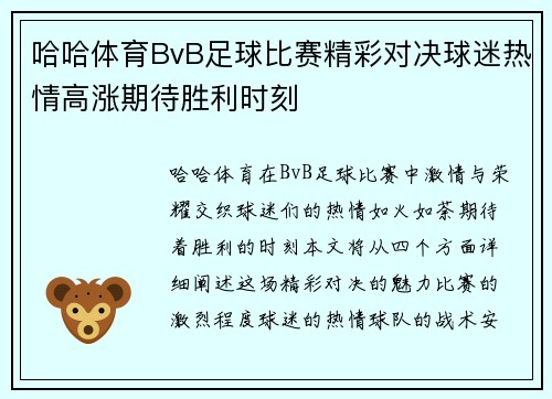 哈哈体育BvB足球比赛精彩对决球迷热情高涨期待胜利时刻
