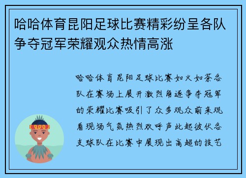 哈哈体育昆阳足球比赛精彩纷呈各队争夺冠军荣耀观众热情高涨