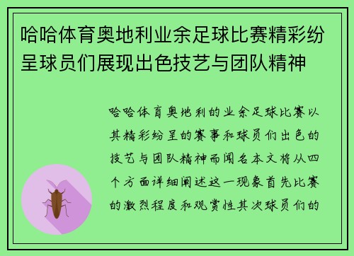 哈哈体育奥地利业余足球比赛精彩纷呈球员们展现出色技艺与团队精神